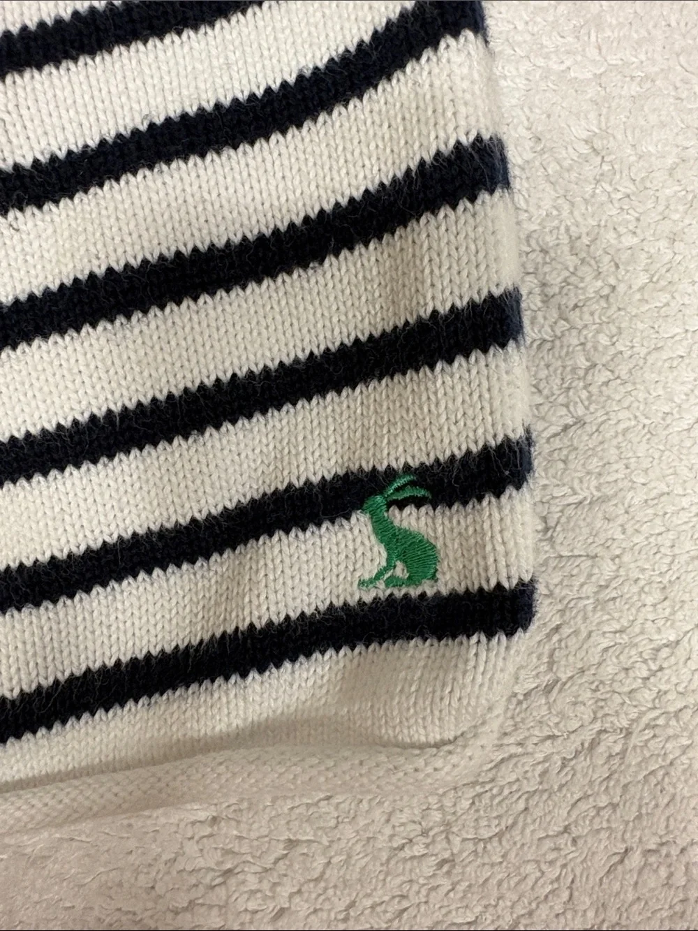 Joules Navy & White Striped Sweater with Blue Dinosaur 6/9m